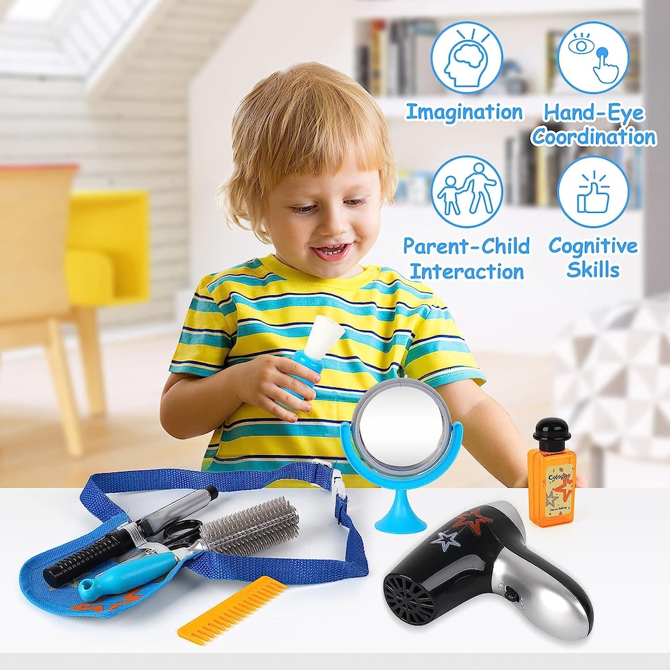 image 1 of Stylist Hairdresser Barber Salon Role Play Set with Working Hairdryer & Accessories for Kids