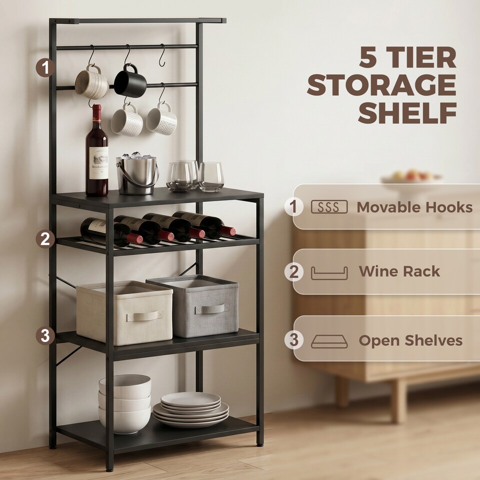 image 1 of HOMCOM Freestanding Shelving Unit with 6 Hooks and Wine Rack