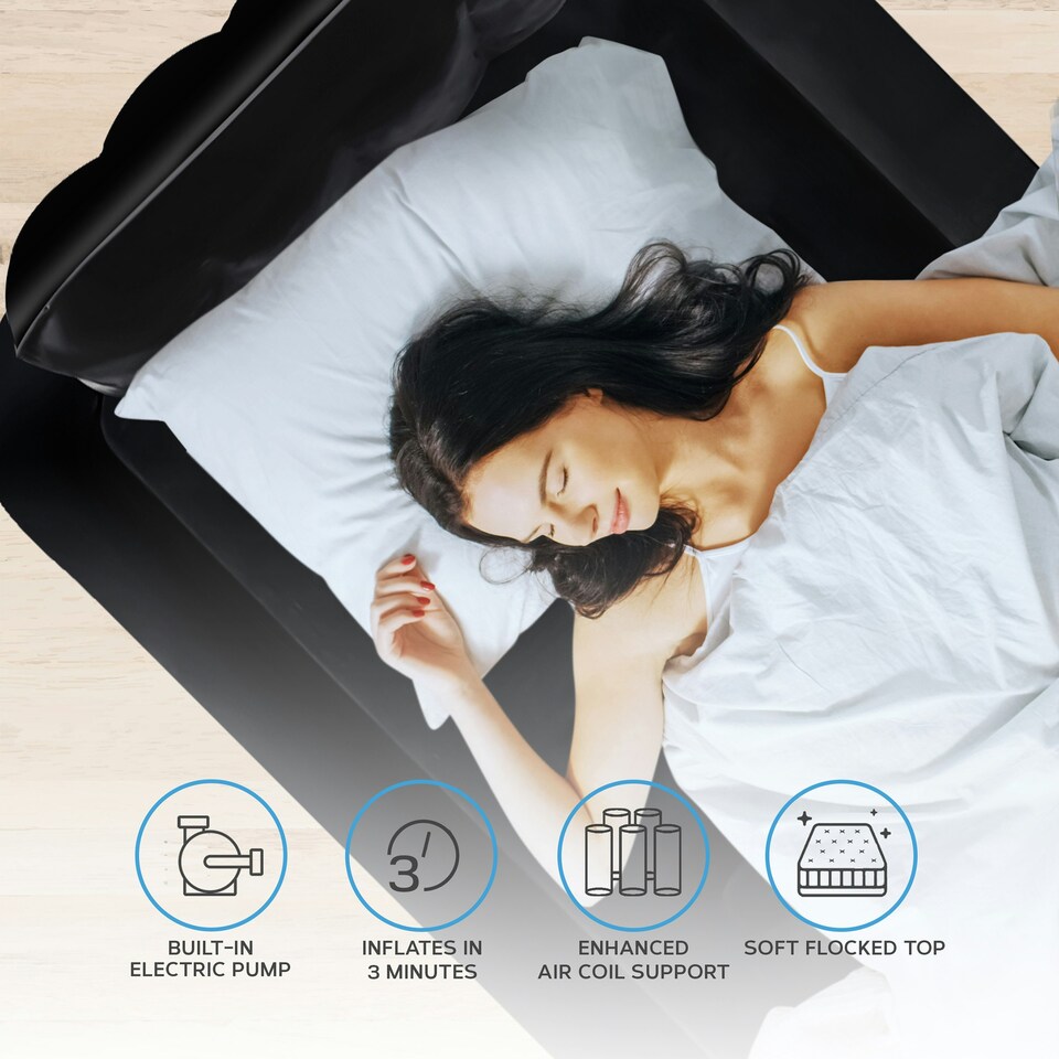 image 1 of Get Fit Air Bed With Built In Electric Pump - Premium Single Airbed - Quick Blow Up Bed With Headboard & Inflatable Pillow - Elevated Air Mattress- Black Mono