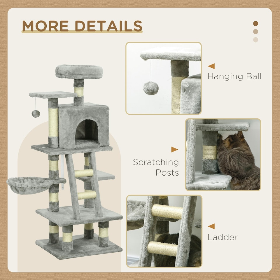 image 1 of PawHut 132cm Cat Activity Centre for Large Cats with Scratching Posts Grey