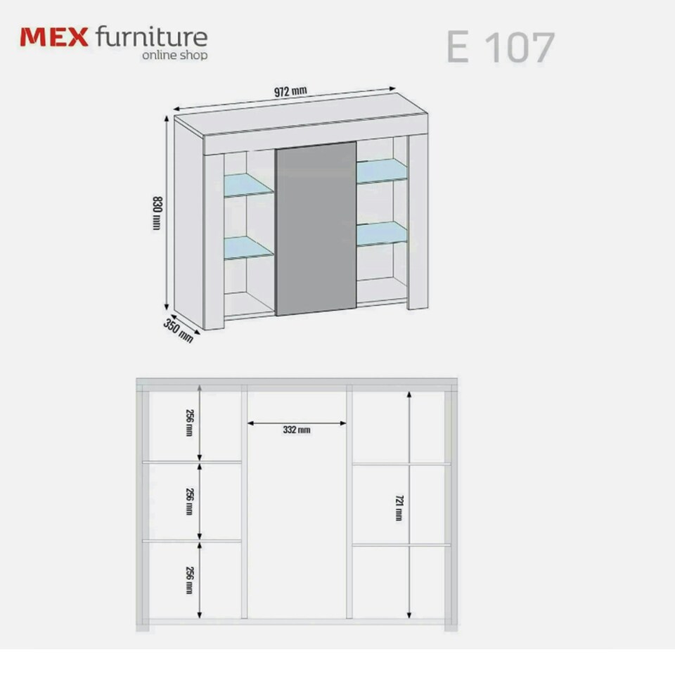 image 1 of Sideboard 97.5cm Grey Gloss Door White Matt Body Glass Shelves Free LED White | Grey