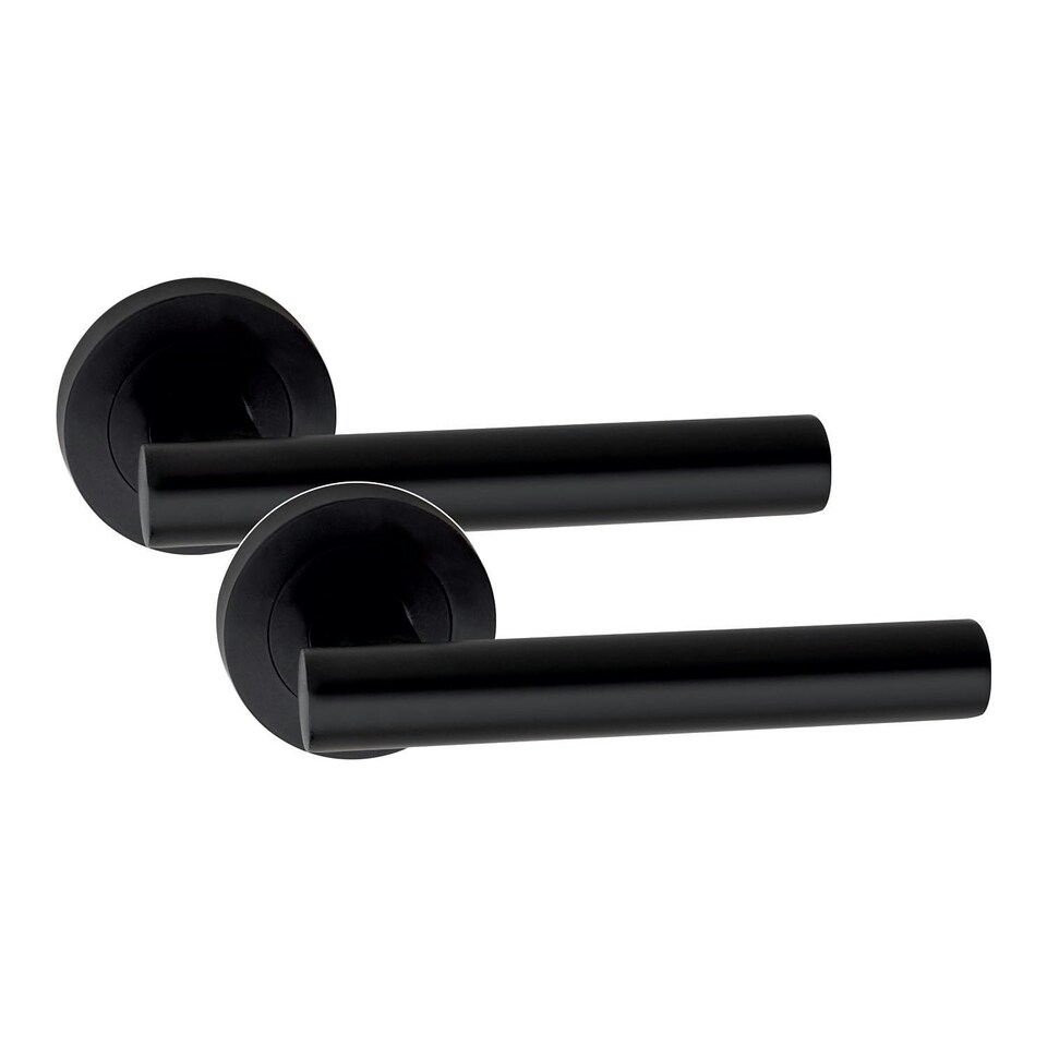 image 1 of Golden Grace Straight T-Bar Design Door Handle Set on Round Rose in Matt Black Finish with 64mm 3 Lever Mortise Lock and Key Hole Black