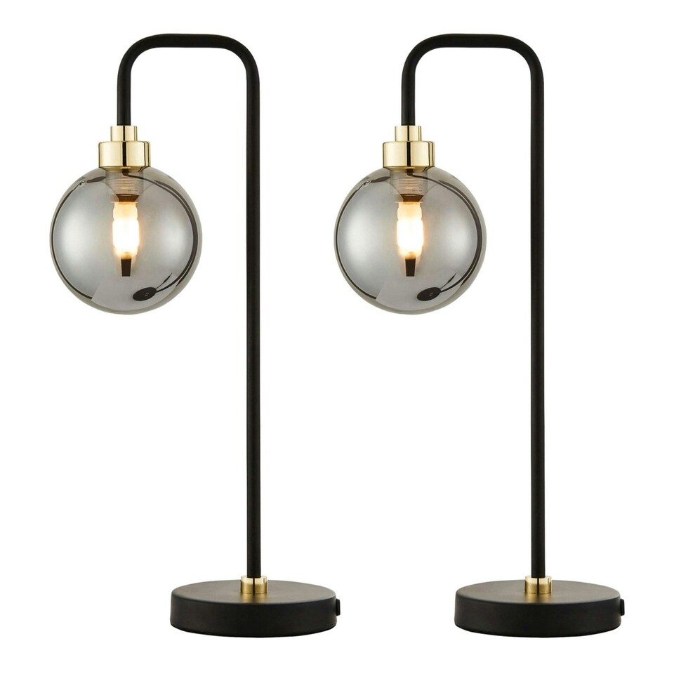 image 1 of First Choice Lighting Set of 2 Matt Black and Smoked Glass Table Lights Black | Grey