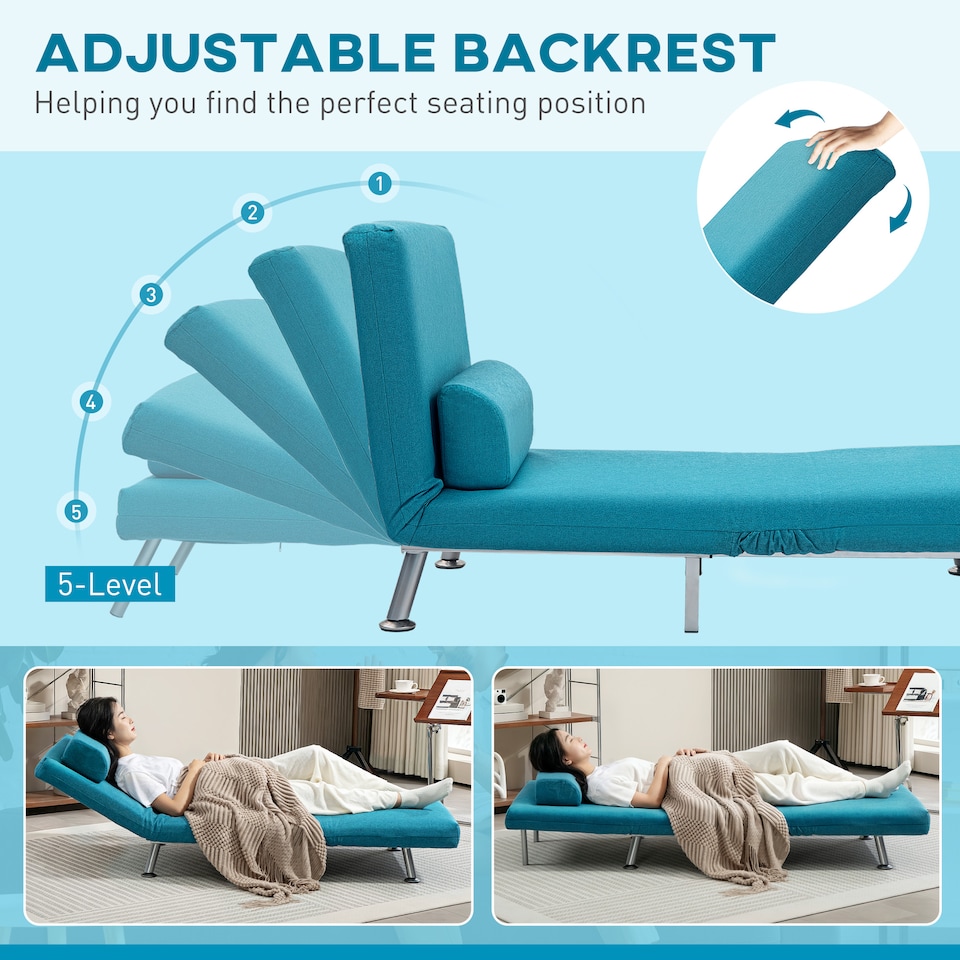 image 1 of HOMCOM Convertible Chair Bed, 3-in-1 Velvet Sleeper Chair with Adjustable Backrest, Pillow, for Living Room, Bedroom, Dark Blue | Blue | One Size