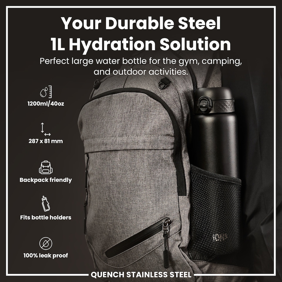 image 1 of Leak Proof 1 Litre Water Bottle, Stainless Steel, 1200ml (40oz) | Black | Black | One Size