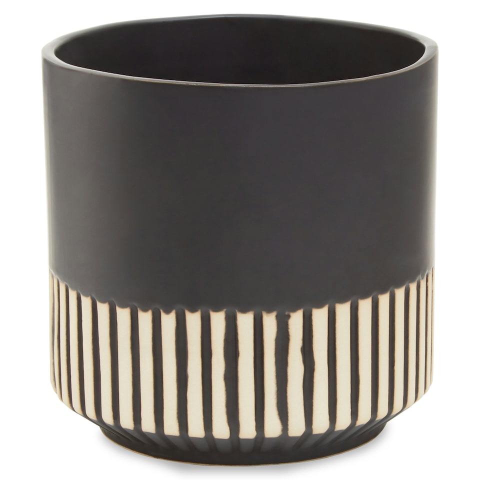 image 1 of Interiors by Premier Large Ceramic Planter, Modern Black and Gold Planter for Indoor Plants, Drum-shaped Ceramic Planter for Home Black