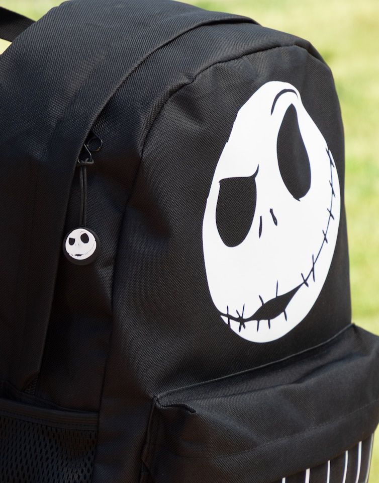 image 1 of Disney The Nightmare Before Christmas Jack Skellington Backpack | Black and White Stripes Design | Zip-Up School Bag for Back to School & Carrying Books | Disney Merch | Black | Black