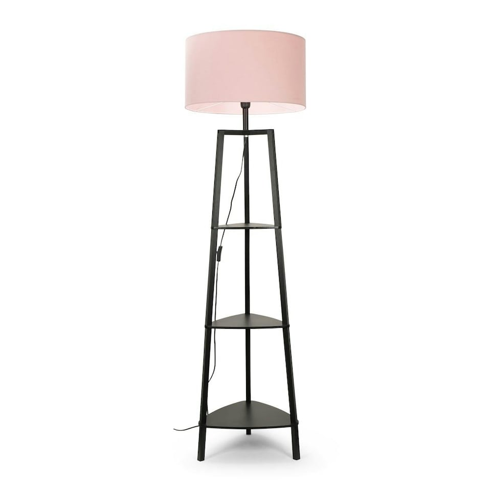 image 1 of ValueLights Hiru Black 3 Tier Shelf Floor Lamp Pink Shade & Bulb | Pink