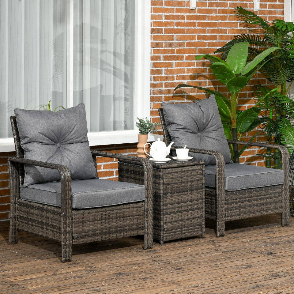 image 1 of Outsunny 3 Pieces Rattan Bistro Set, Wicker Garden Furniture Set with Storage Coffee Table and Chairs, Thickened Cushions for Outdoor, Patio, Balcony, Grey