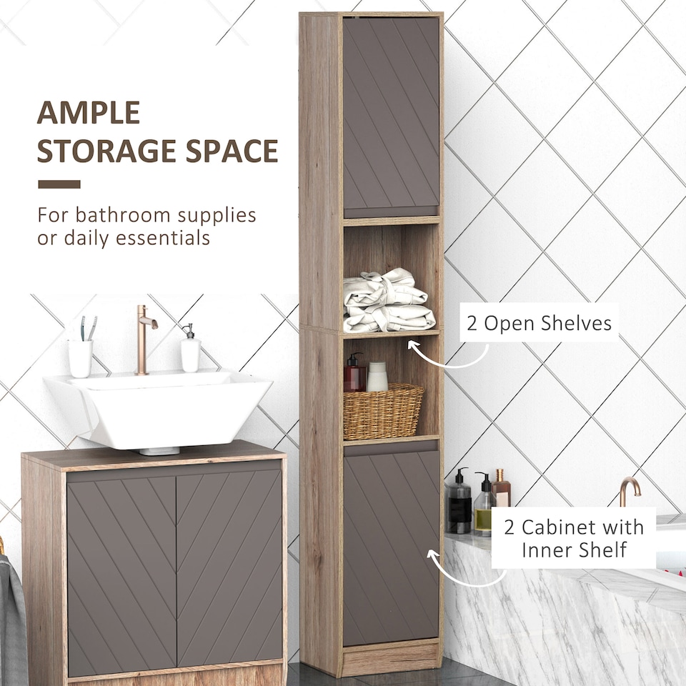 image 1 of HOMCOM Narrow Bathroom Cabinet, Slim Bathroom Storage Unit with Open Compartment, Freestanding Storage Cupboard with Adjustable Shelves for Small Spaces, 30 x 24 x 170 cm, Grey and Oak