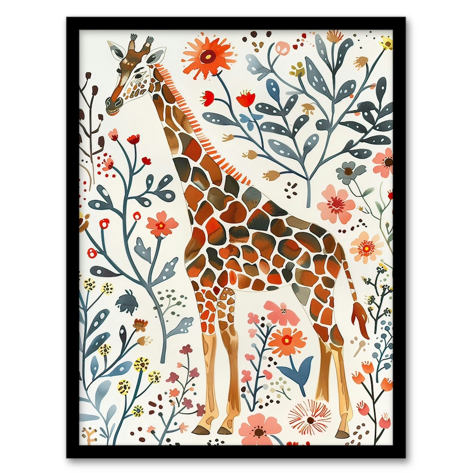 image 1 of Giraffe with Wildflowers Watercolour Folk Art Black Framed Wall Art Print A4