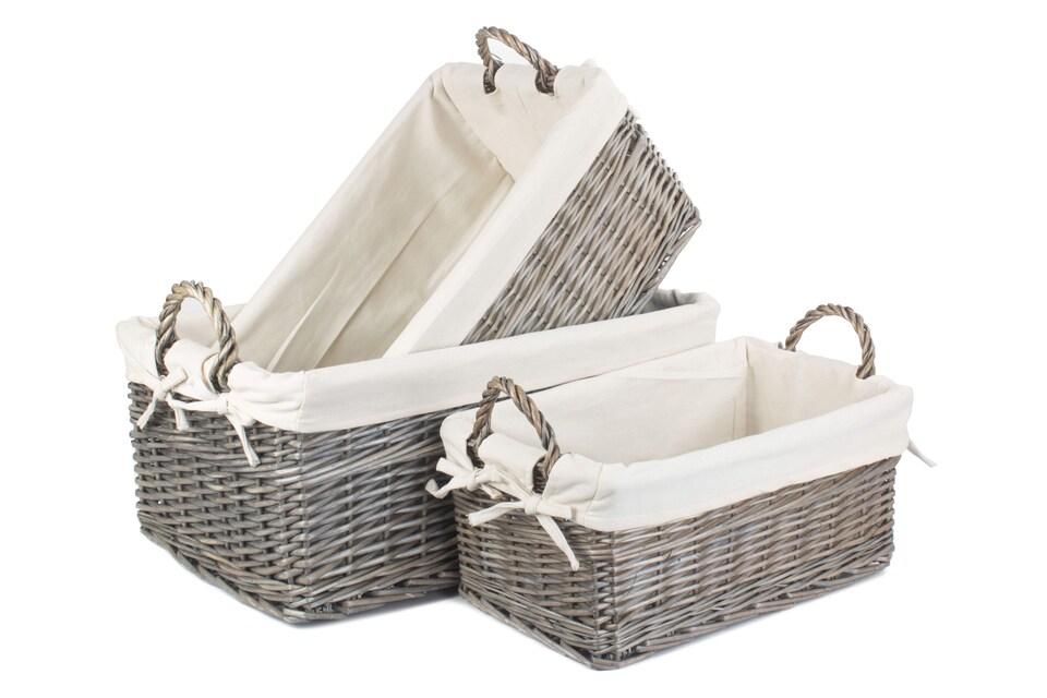 image 1 of Shallow Lined Antique Wash Storage Basket Set of 3 | White | White | Not provided