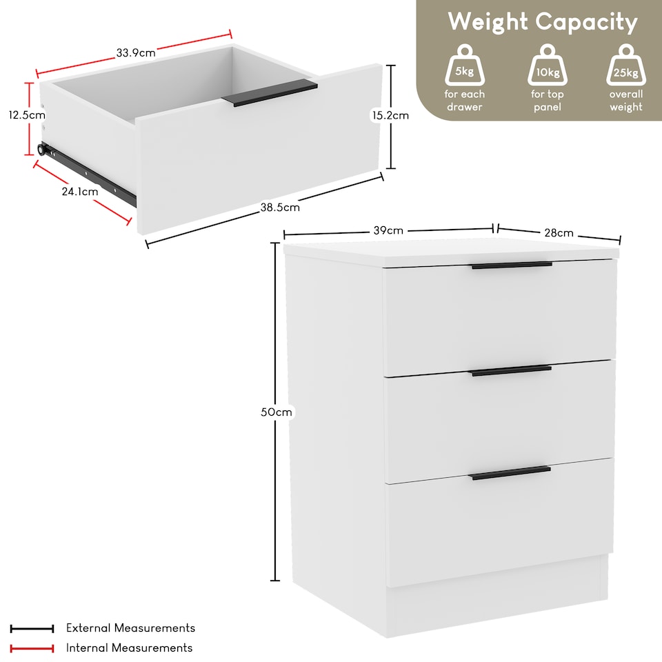 image 1 of Vida Designs Trega 3 Drawer Bedside Chest Bedroom Storage Unit, (H) 50cm x (W) 39cm x (D) 28cm, White
