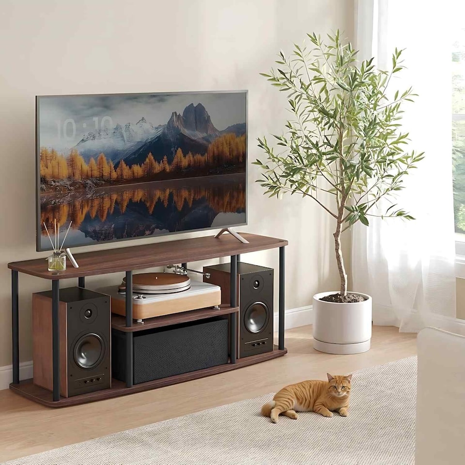 image 1 of TV Stand with Shelves, Entertainment Unit for Living Room and Bedroom, Tool-Free Assembly, Natural Walnut and Ink Black
