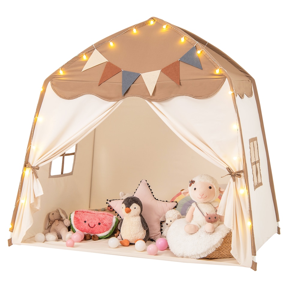 image 1 of COSTWAY Kids Play Tent Indoor & Outdoor Extra Large Playhouse Tent-Coffee