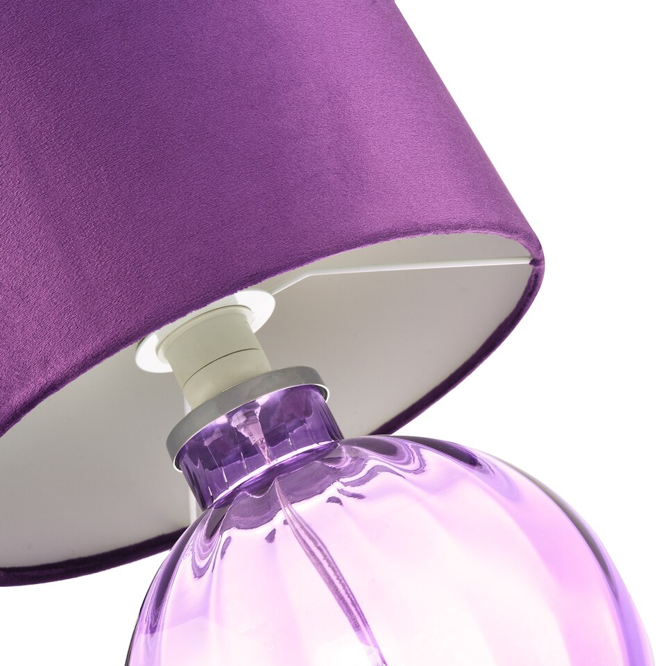 image 1 of Contemporary Deep Purple Ribbed Glass Table Lamp with Soft Velvet Fabric Shade | Purple