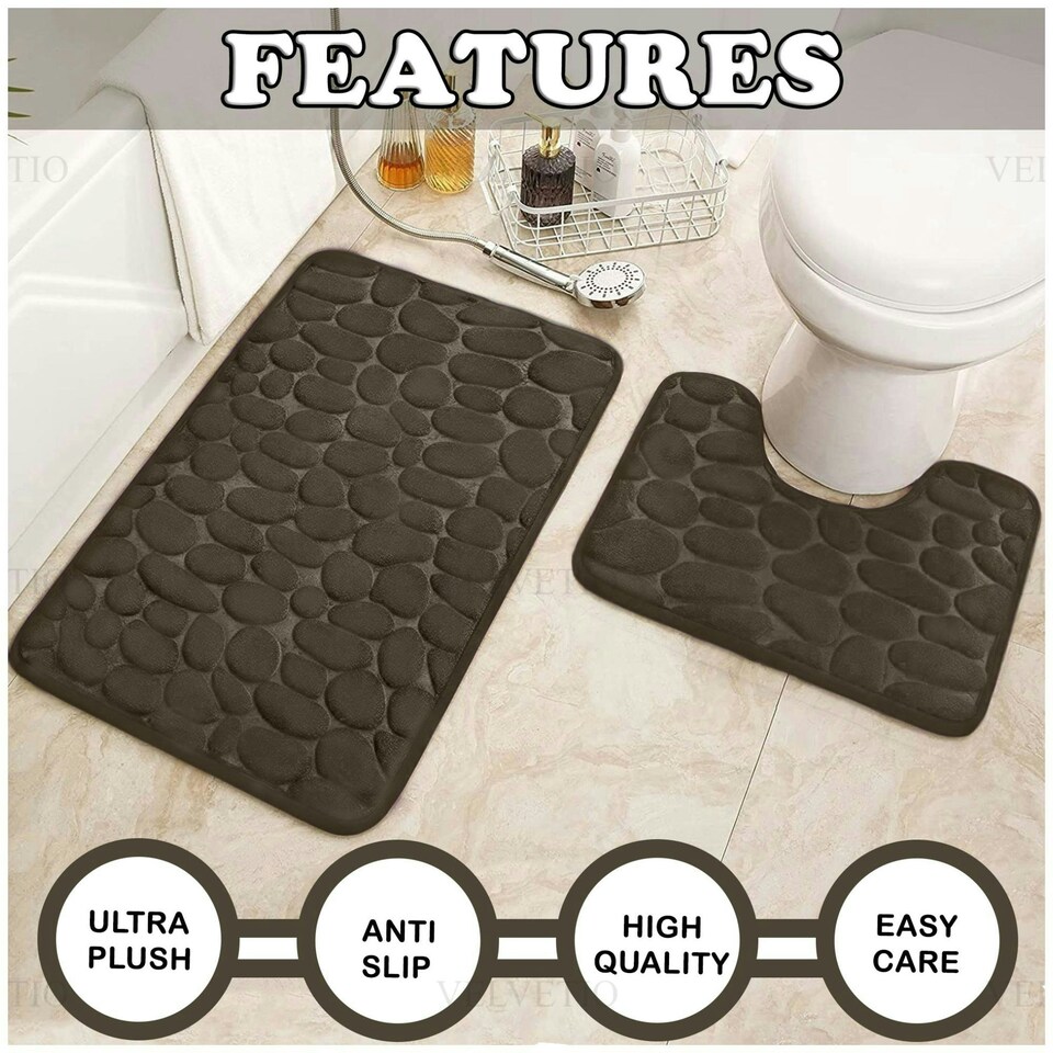 image 1 of VELVETIO 2Pc Pebble Bath Mat Set Memory Foam Bathroom Toilet Rugs Brown | Natural
