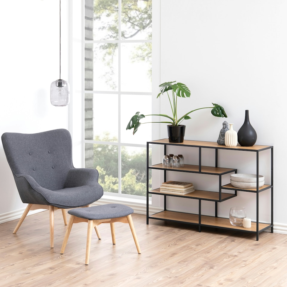 image 1 of Seaford Wide Black Metal Bookcase with 4 Oak Shelves