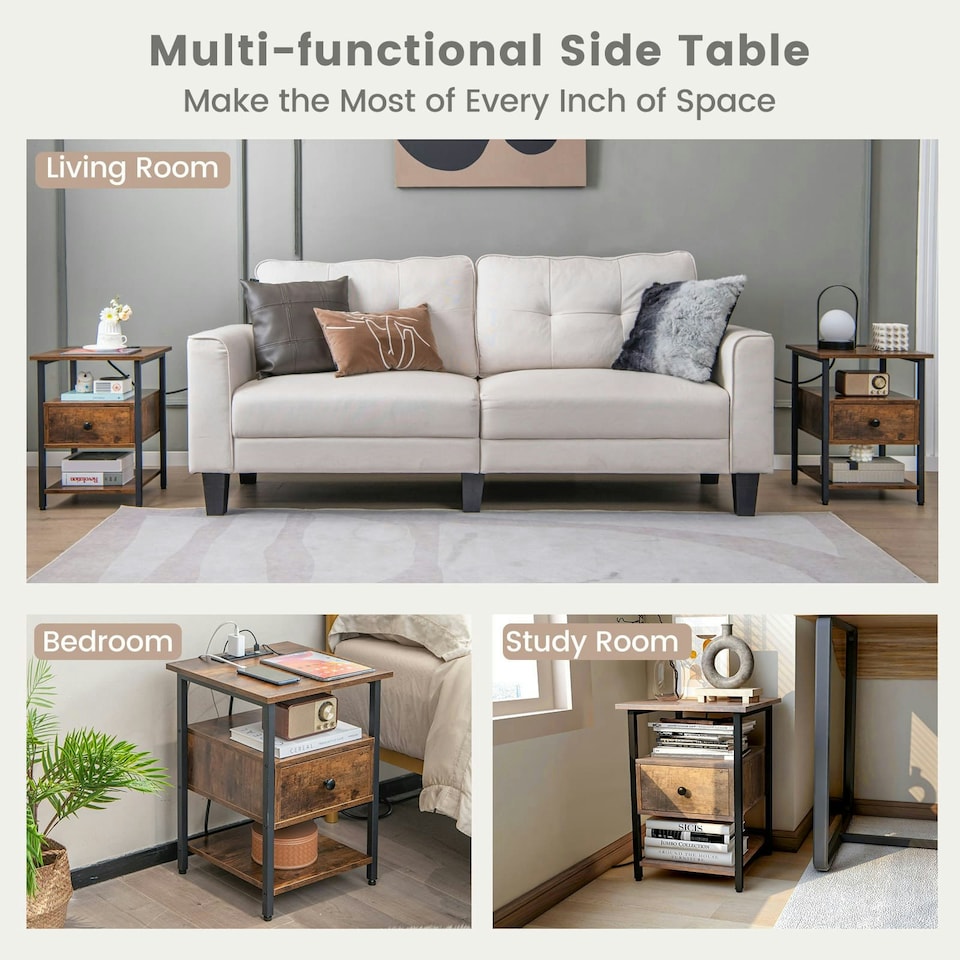 image 1 of COSTWAY 3-Tier Nightstand w/ Charging Station | Brown
