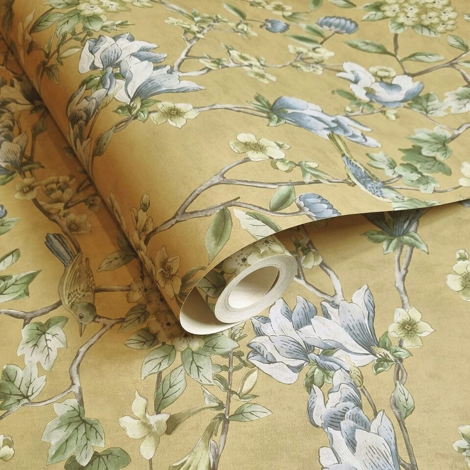 image 1 of Holden Décor Rural Paradise Floral Bird Trail Wallpaper - Ochre - 10m x 0.5m Yellow