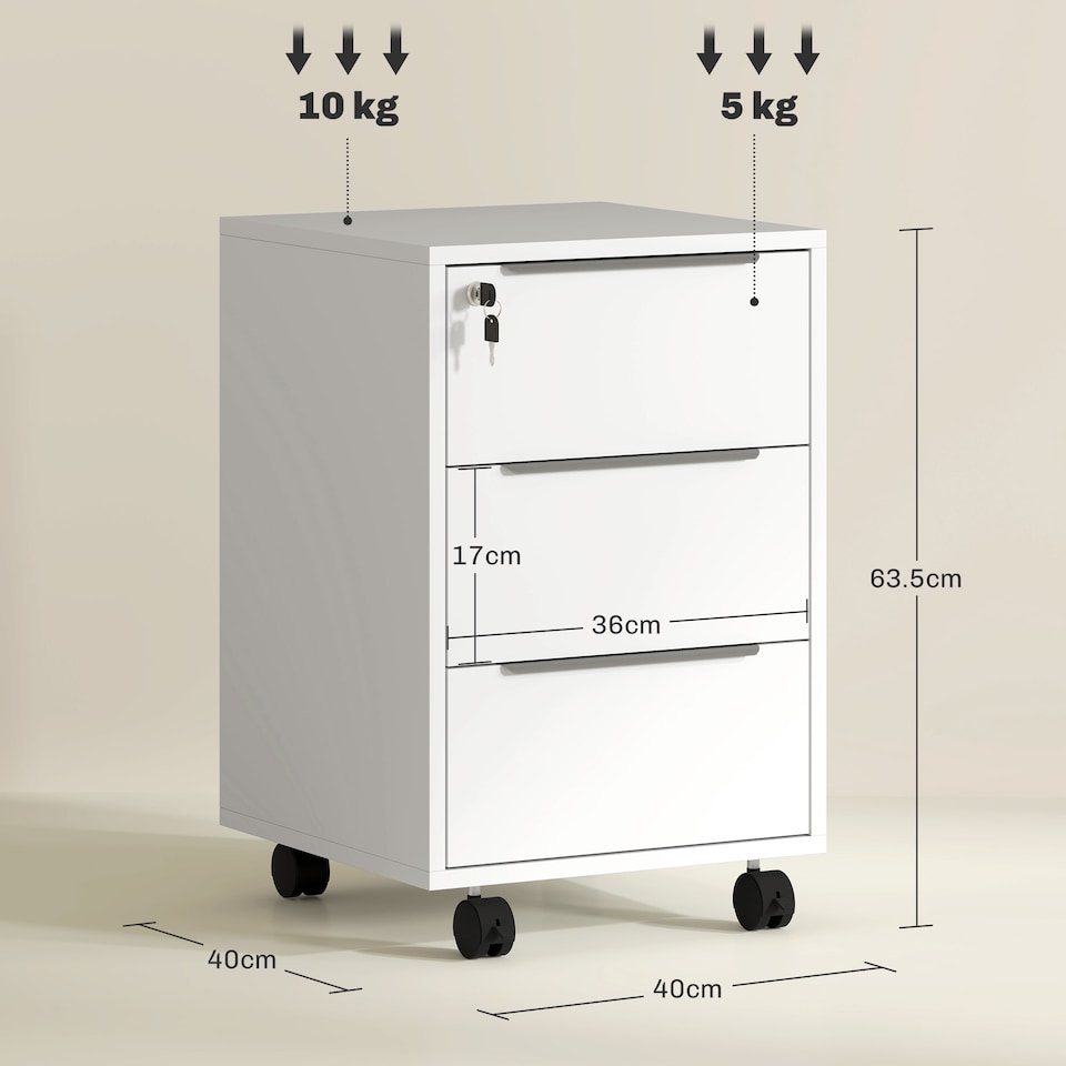 image 1 of HOMCOM 3-Drawer Lockable Filing Cabinet, File Cabinet on Wheels, Mobile Office Storage Drawers for Home Office, Bedroom and Living Room, White | White | White