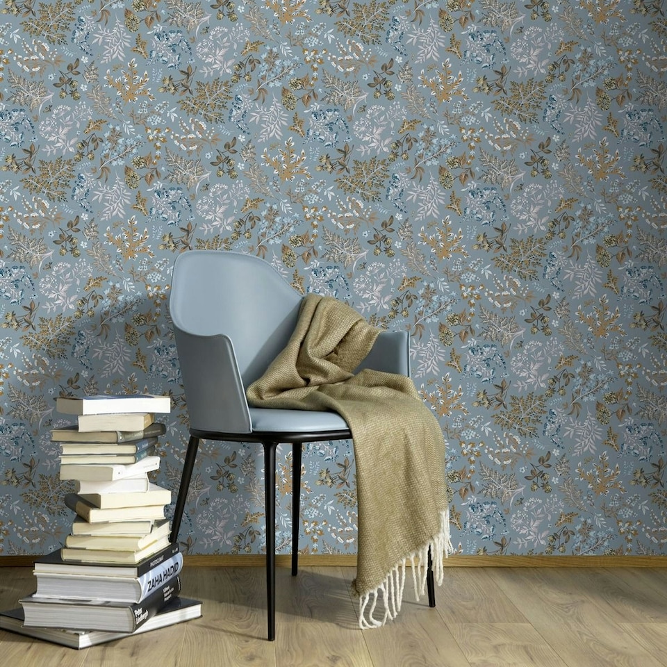image 1 of Erismann Abode Cottage Floral Leaves Wallpaper - Duck Egg/Multicoloured - 10m x 53cm Blue