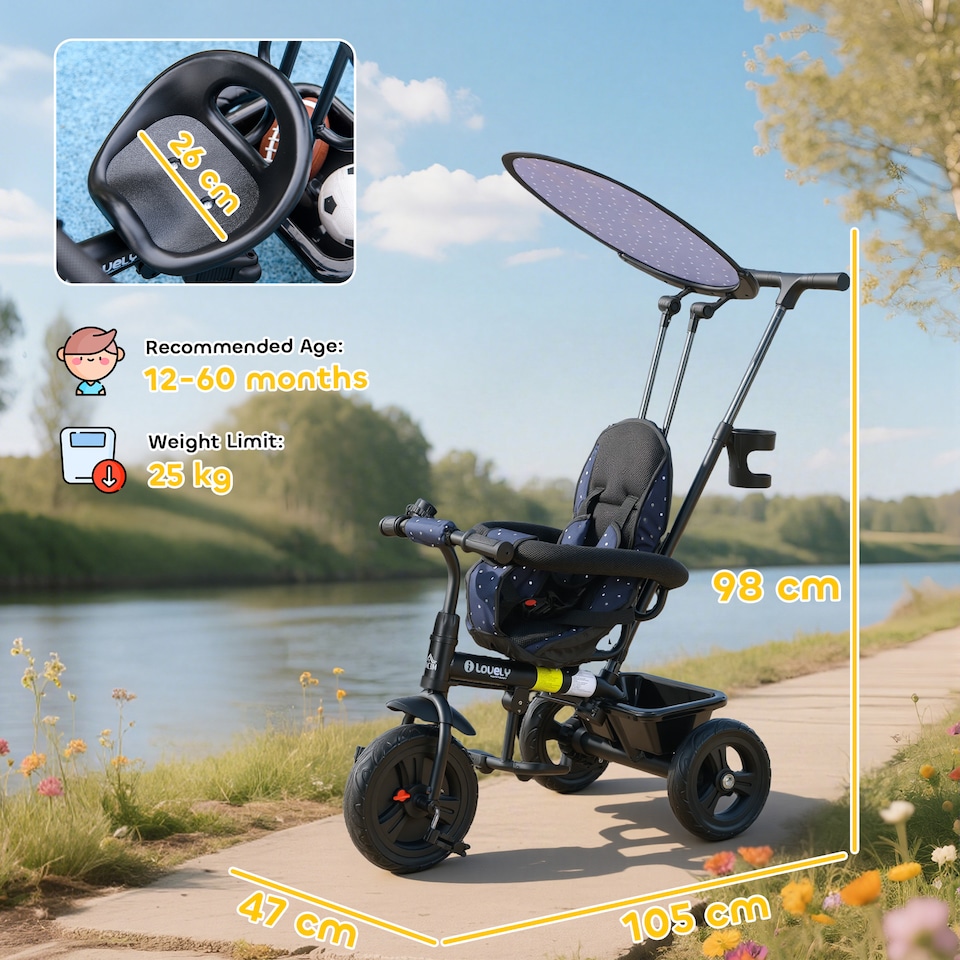 image 1 of HOMCOM Trike, 6 in 1 Tricycle for Kids, Baby Trike with Push Handle, Removable Canopy, 5-Point Seat Harness, Storage Basket, for 18Months -5 Years, Dark Blue