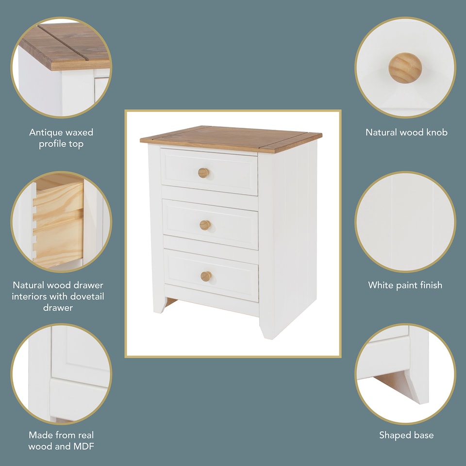 image 1 of Capri White 3 Drawer Pine Nightstand - Country House Style Bedside Cabinet | White | White | One Size | 1