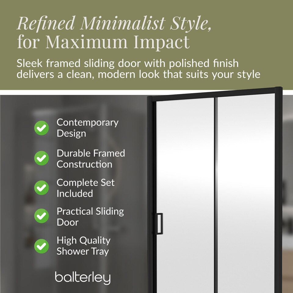 image 1 of Balterley Sliding Shower Suite with 6mm Safety Glass Door, Side Panel & 1200 x 700mm Tray in Matt Black Finish | Black | Matt Black | 3