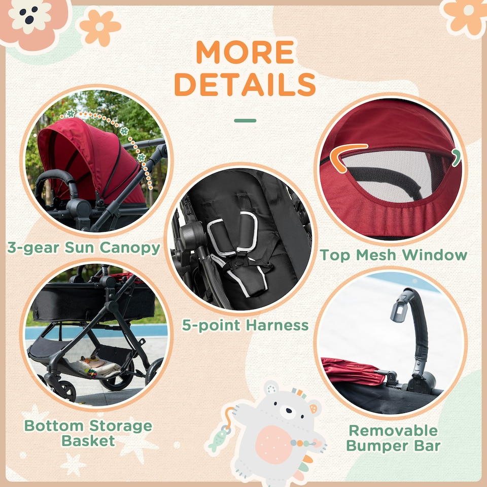 image 1 of HOMCOM 2 in 1 Pushchair Stroller w/ Reversible Seat Single Hand Foldable Red
