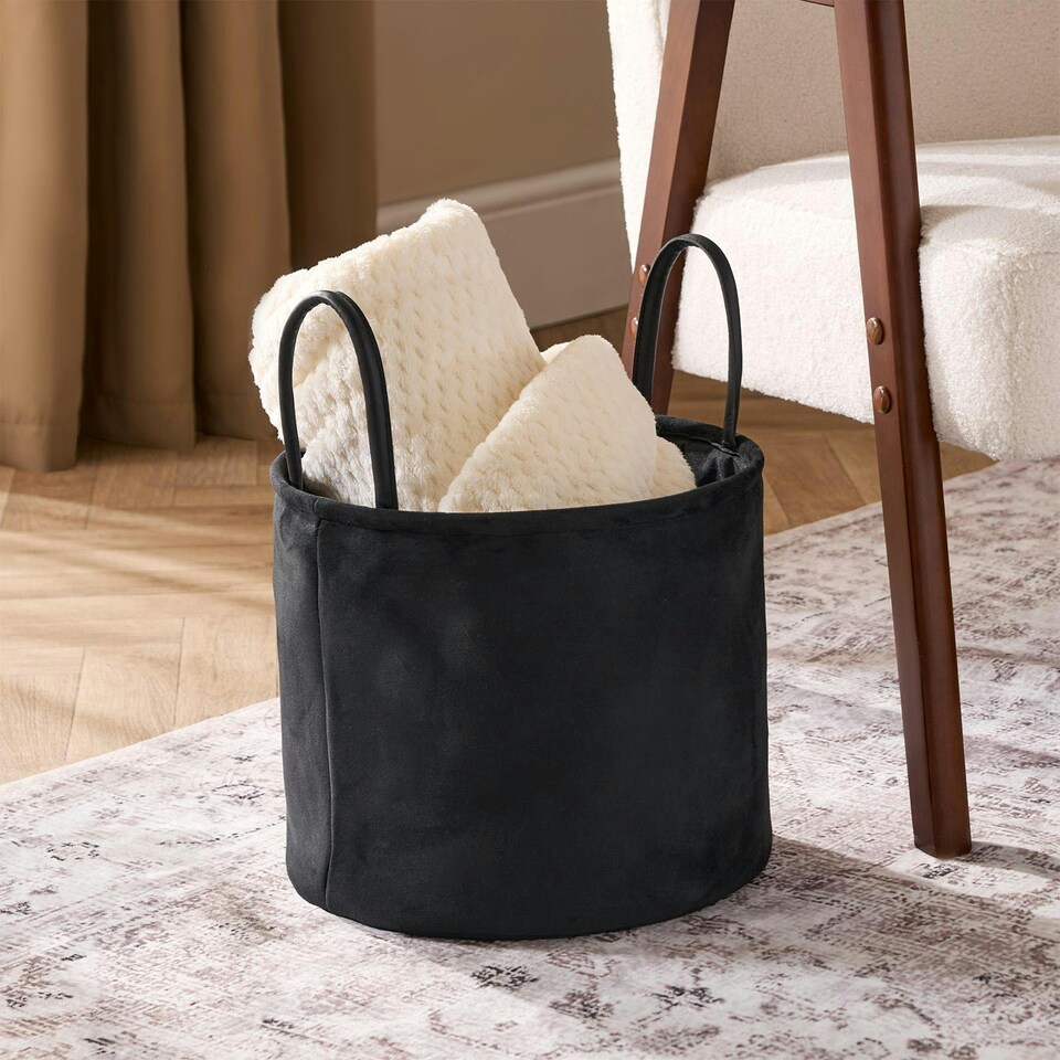 image 1 of OHS Velvet Storage Basket Home Modern Hamper Clothes Toys Organiser Fabric Bag Black