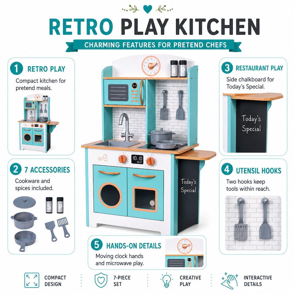 image 1 of Teamson Kids Play Kitchen, Small Retro Aqua Wood, Little Chef Santos