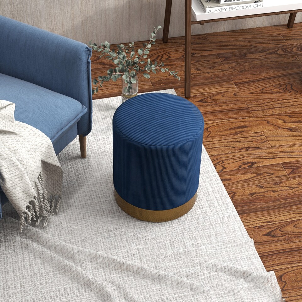 image 1 of HOMCOM Modern Round Footstool, Corduroy Fabric Upholstered Foot Stool with Padded Seat for Living Room, Entryway, Dark Blue