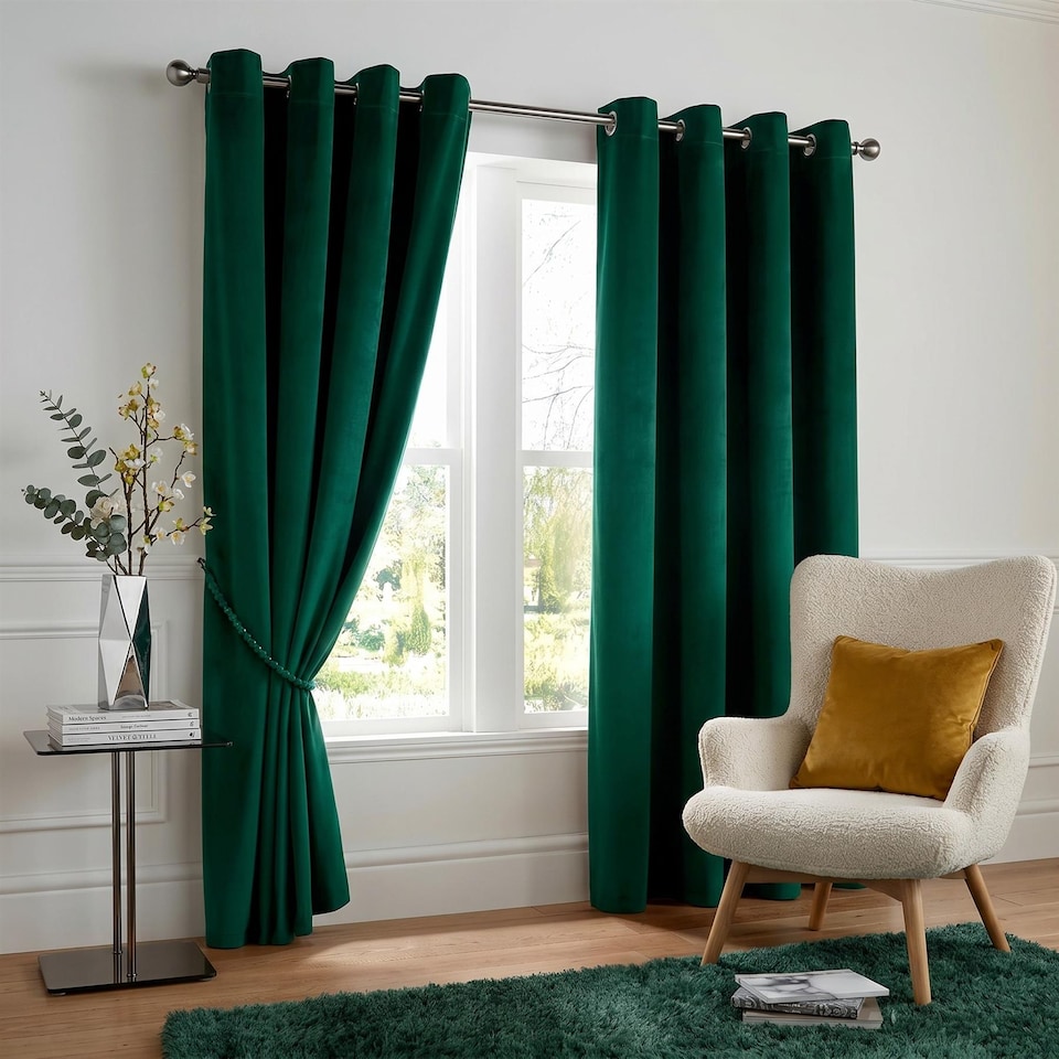 image 1 of Velvet Thermal Blackout Eyelet Curtains Ready Made Pair - 168cm x 183cm - Green