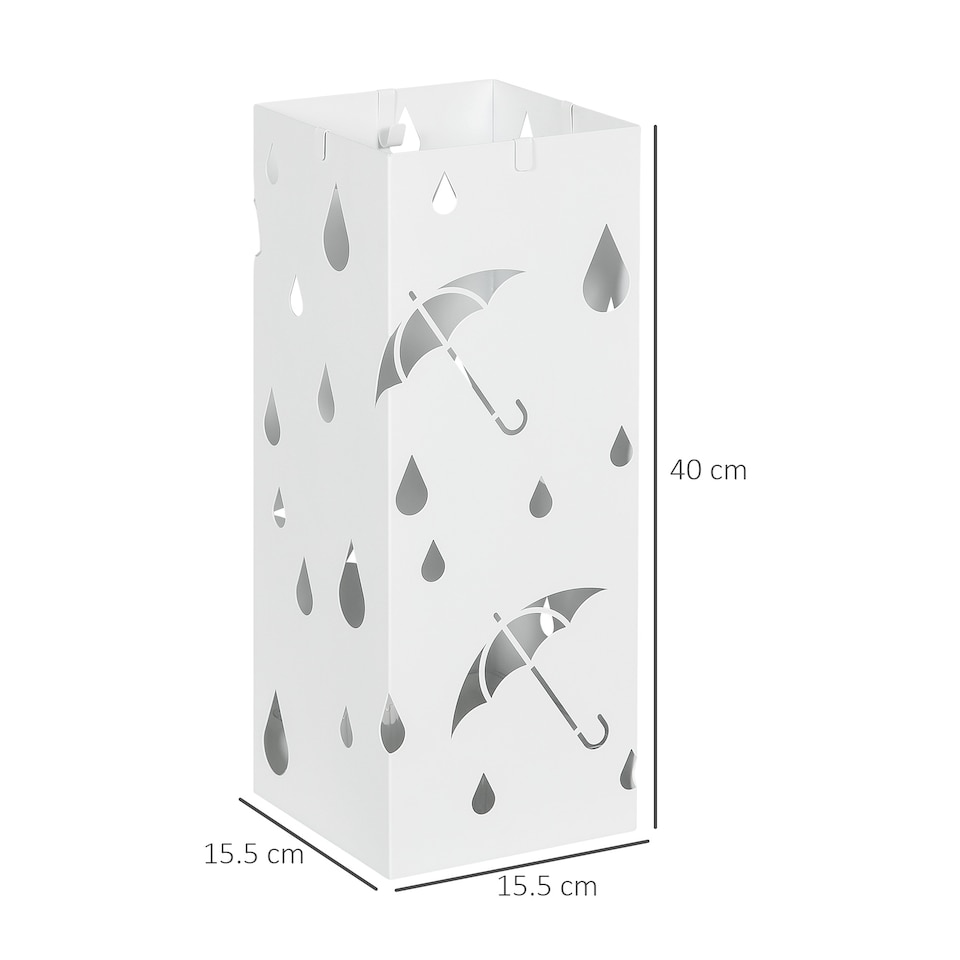 image 1 of HOMCOM Metal Umbrella Stand, Square Umbrella Basket with 4 Hooks Drip Tray White