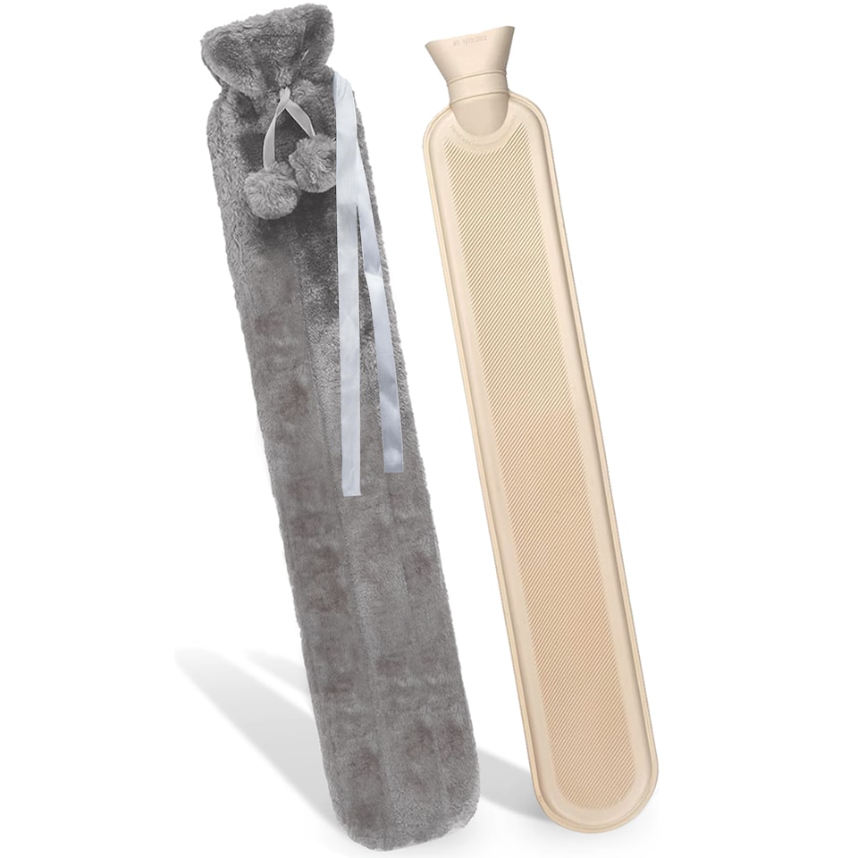 Extra Long 2L Hot Water Bottle 76cm with Fluffy Gray Cover for Warmth & Comfort