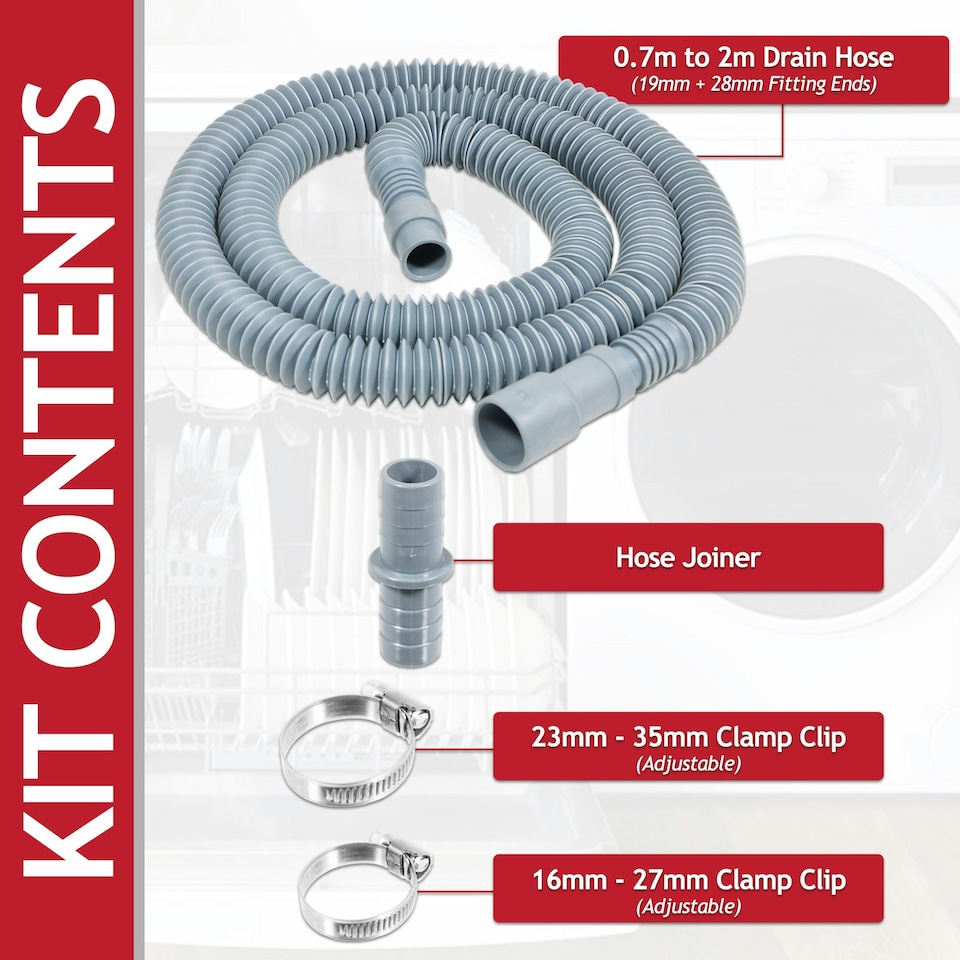 image 1 of SPARES2GO Drain Hose Extension Kit 2m Washing Machine Dishwasher Waste Water Outlet Pipe (19mm / 28mm Ends)