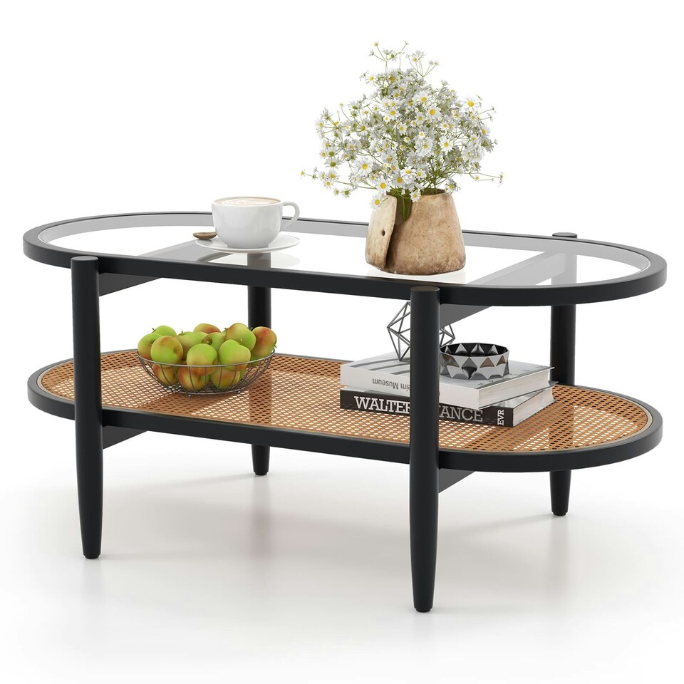 image 1 of COSTWAY 2-Tier Coffee Table Rattan Center Table with Storage Black