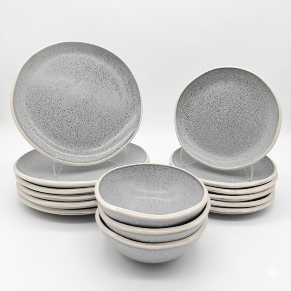 image 1 of Reactive Grey Glaze Dinner Set Nordic Pebble Plates & Bowls 18pc Set