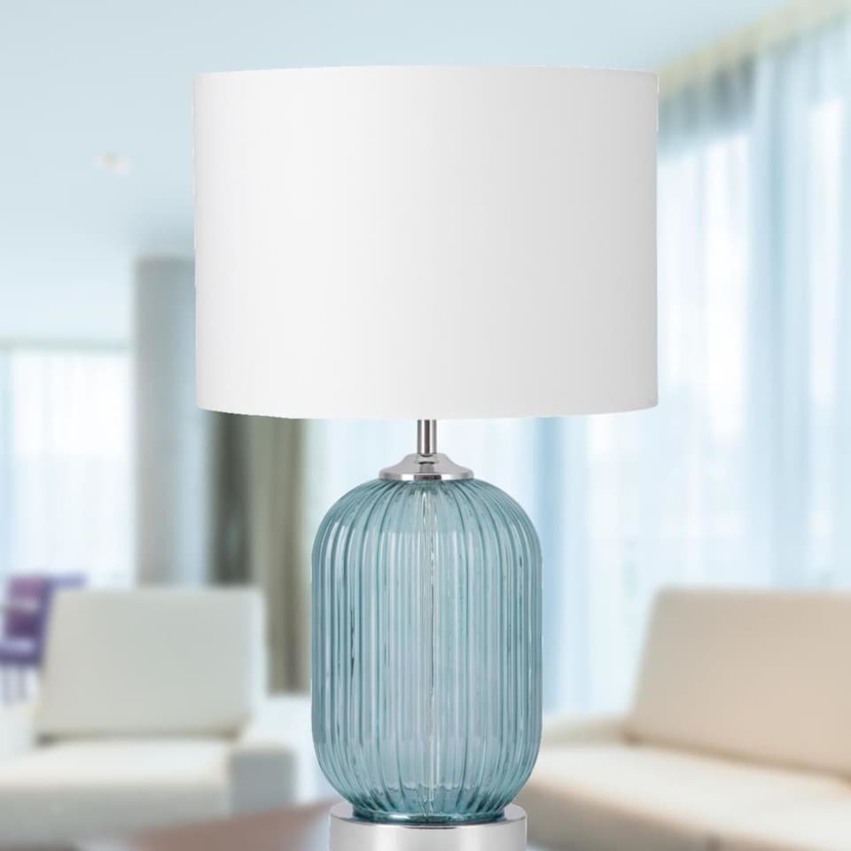 image 1 of Set of 2 Turquoise Ribbed Glass Lamps with White Shades | Chrome | White | Large | 2