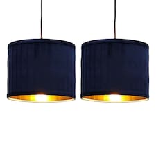 Set of 2 Sundance - Navy Blue Velvet Pleated 25cm Lamp Shades with Gold Inner | Blue | Gold | Medium | 2
