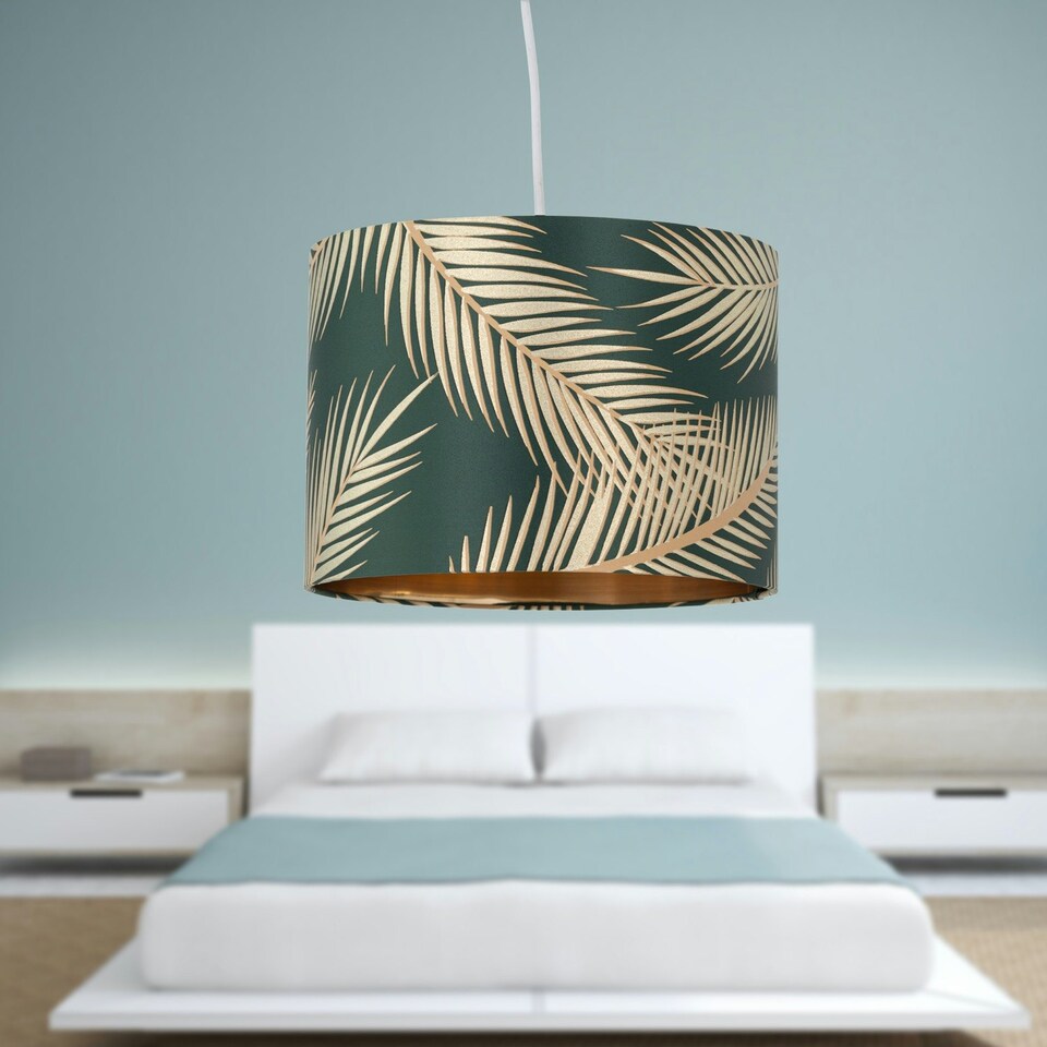 image 1 of First Choice Lighting Tropica Dark Green with Gold Embossed Leaf Detail 25cm Ceiling Pendant or Table Lamp Shade Green
