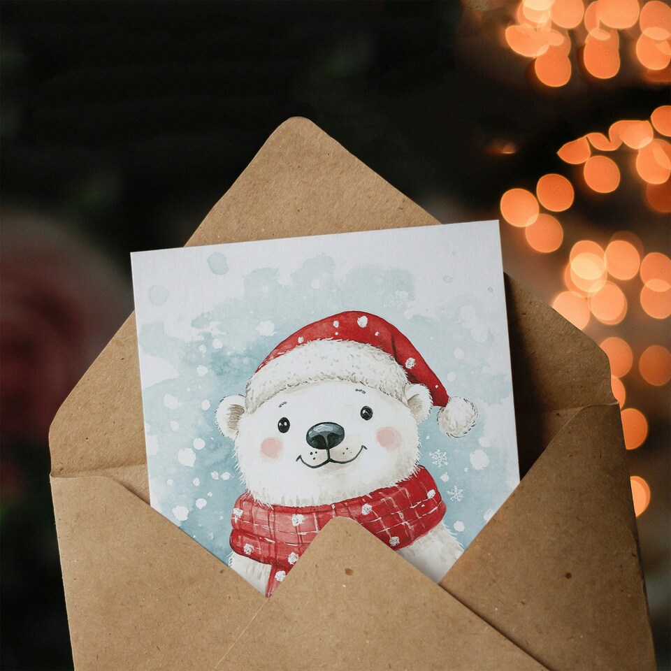 image 1 of Cute Polar Bear With Santa Hat and Scarf For Child Kids Xmas Festive Christmas Card