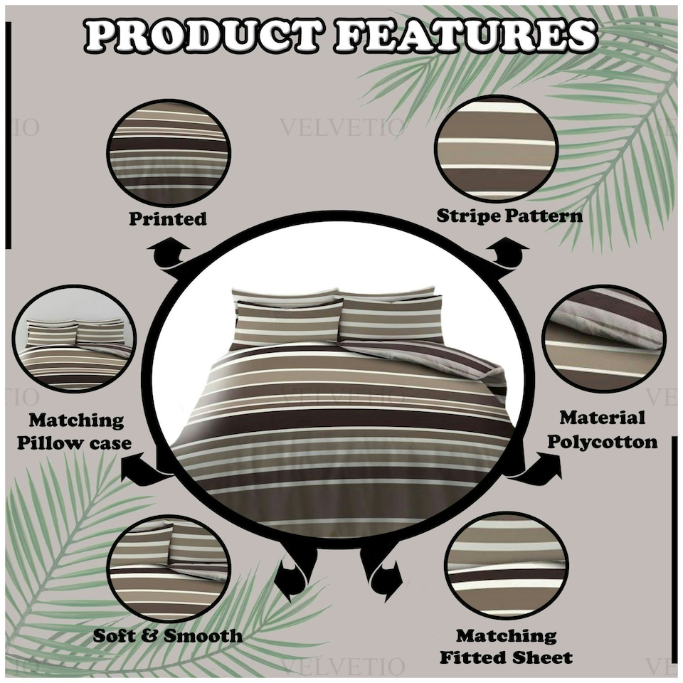 image 1 of VELVETIO Burford Stripe Complete Duvet Cover Set with Fitted Sheet Breathable Bedding Quilt Brown | Natural | King