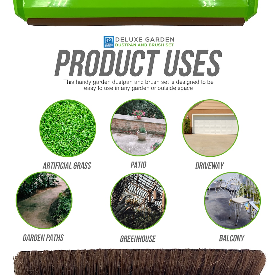 image 1 of Deluxe Garden Dustpan and Brush Set Large Outdoor Dustpan with Stiff Bristle Brush
