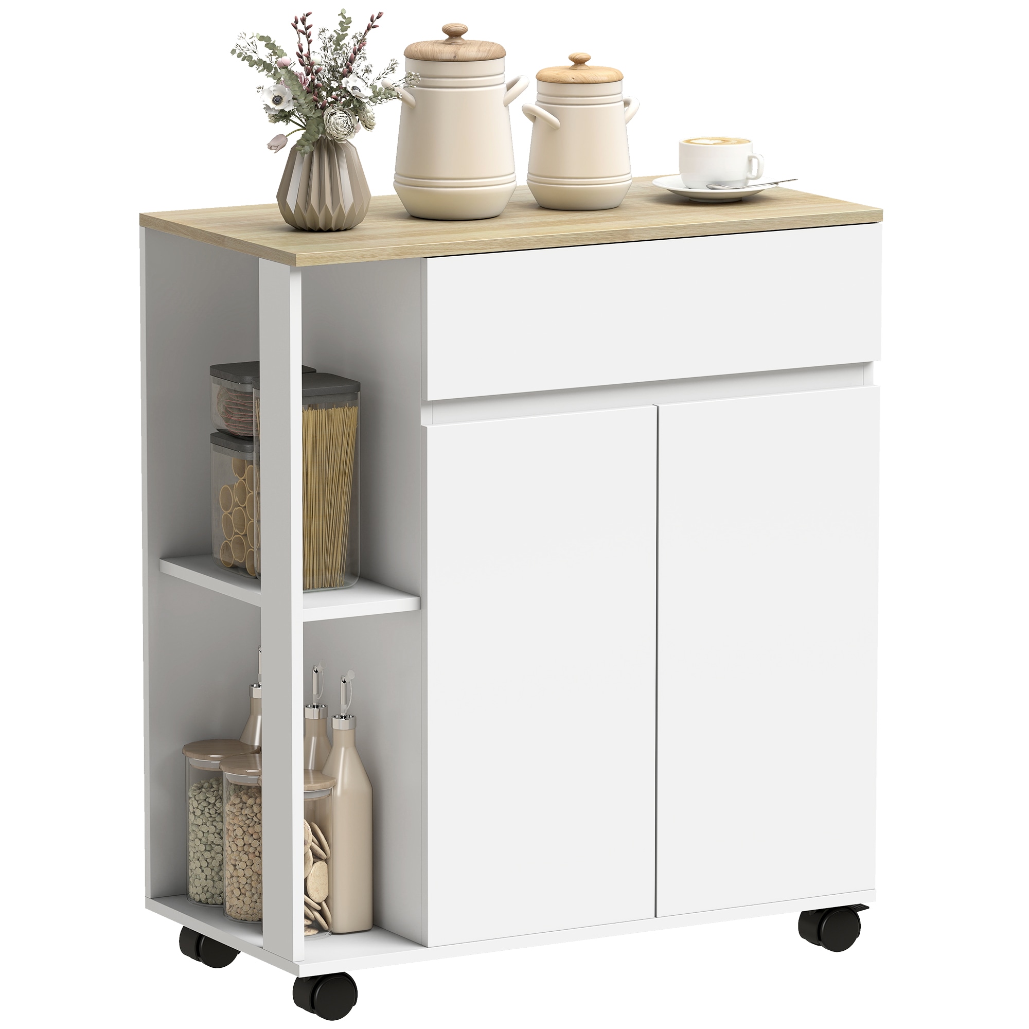 HOMCOM Kitchen Storage Trolley Cart with Drawer and Shelves, White, White