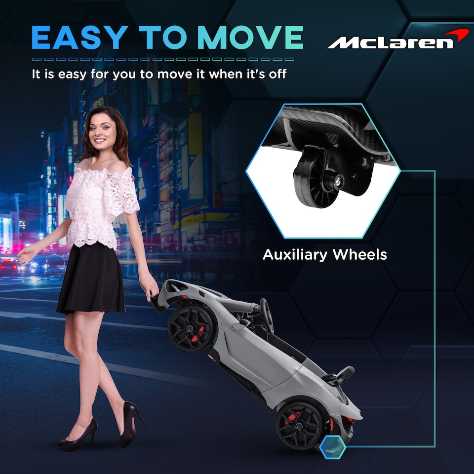 image 1 of AIYAPLAY McLaren 765LT Licensed Electric Car for Kids with Butterfly Doors, 12V Kids' Electric Ride on with Remote Control, Transport Wheels, LED Lights, MP3 Music, Horn, for 3-6 Years, Grey