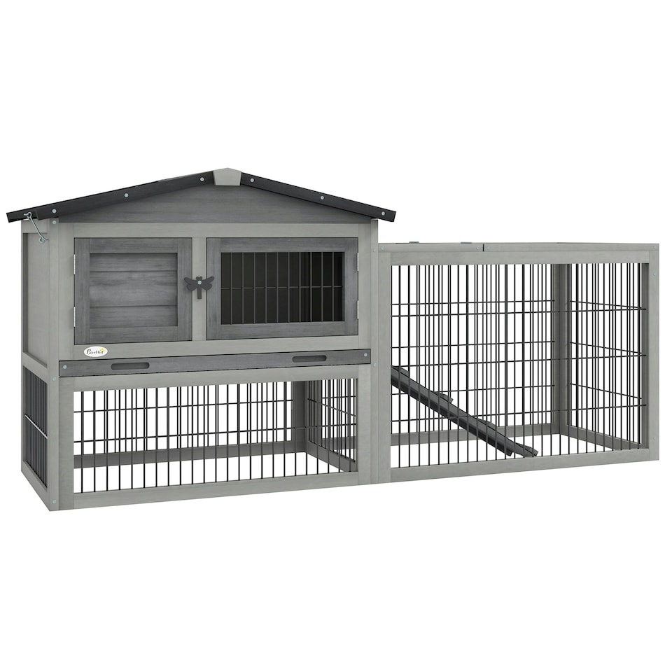 image 1 of PawHut Rabbit Hutch, Wooden Guinea Pig Hutch with Run & Tray, Grey