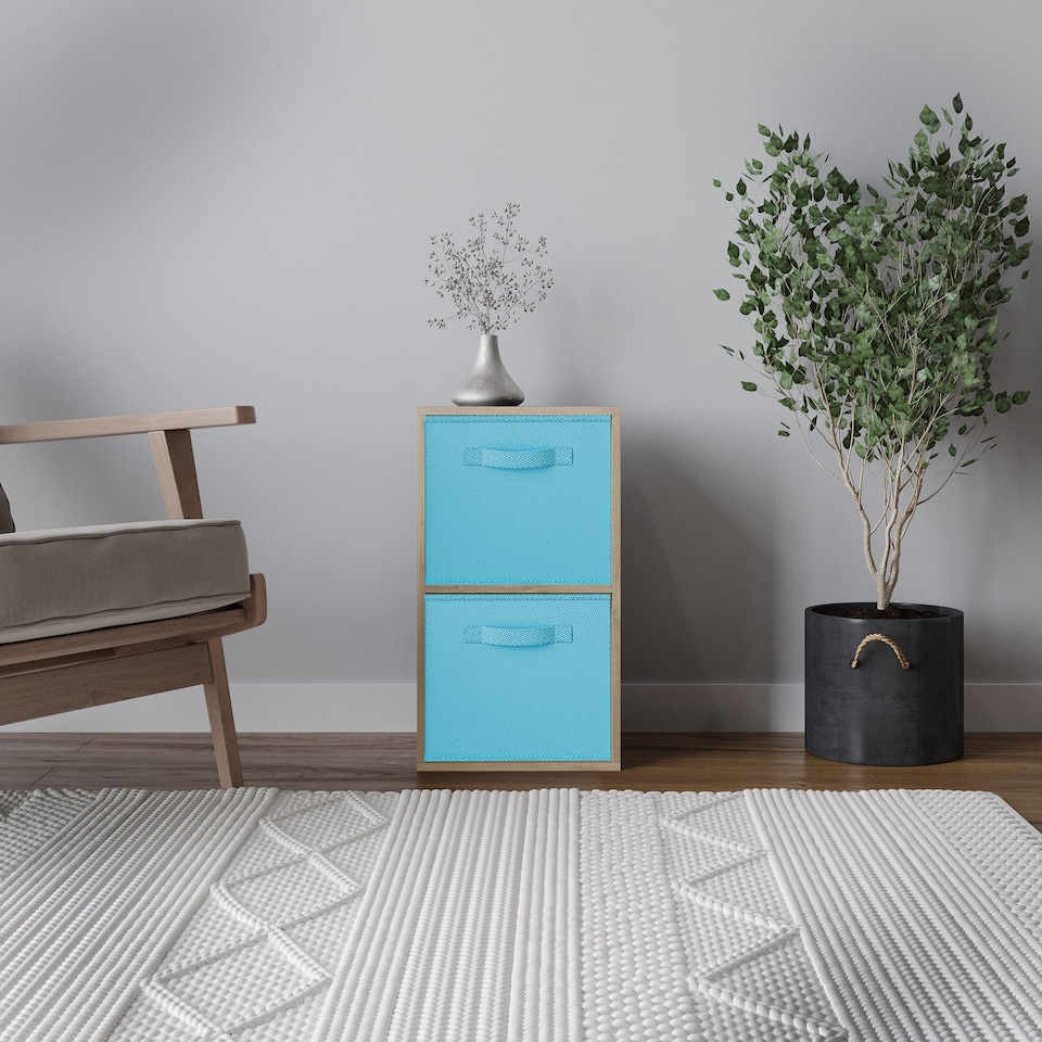 image 1 of 2-Tier Cube Shelving Unit with Inserts | Brown | Oak & Sky Blue | 1
