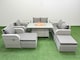image 1 of Fimous 8 Seater Outdoor Reclining Chair Love Sofa Set Rattan Garden Furniture Set with Firepit Dining Table 2 Big FootStools  2 Side Table Light Grey